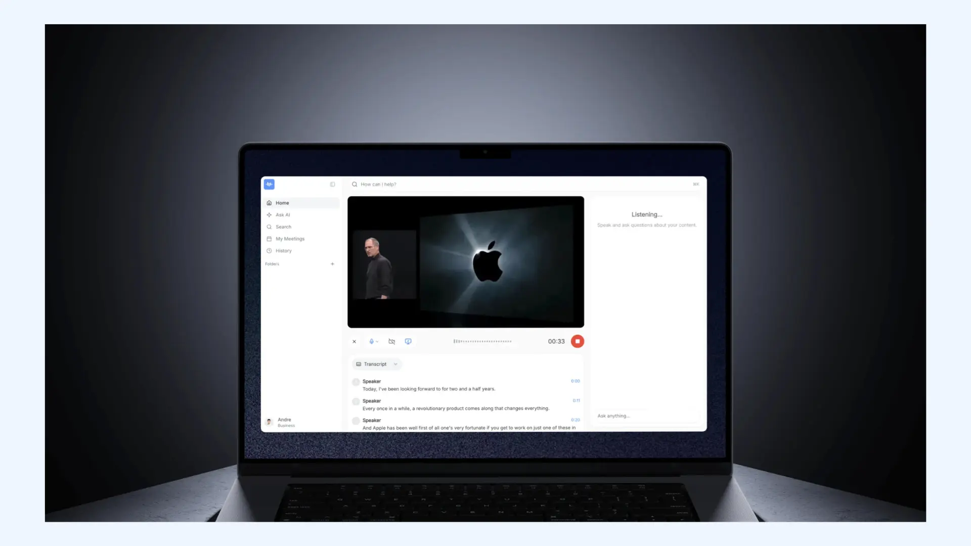 The interface of ScreenApp's live voice-to-text app.